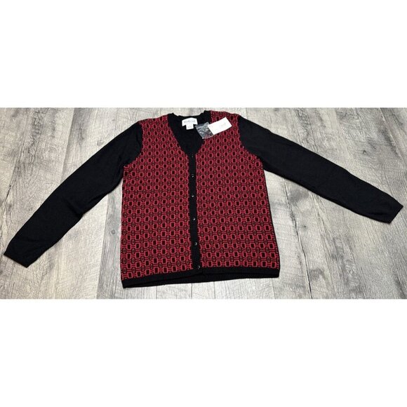 Westbound Sweater Cardigan Womens Small Black Red Geometric Knit‎ Retro Y2K NEW - Picture 1 of 7
